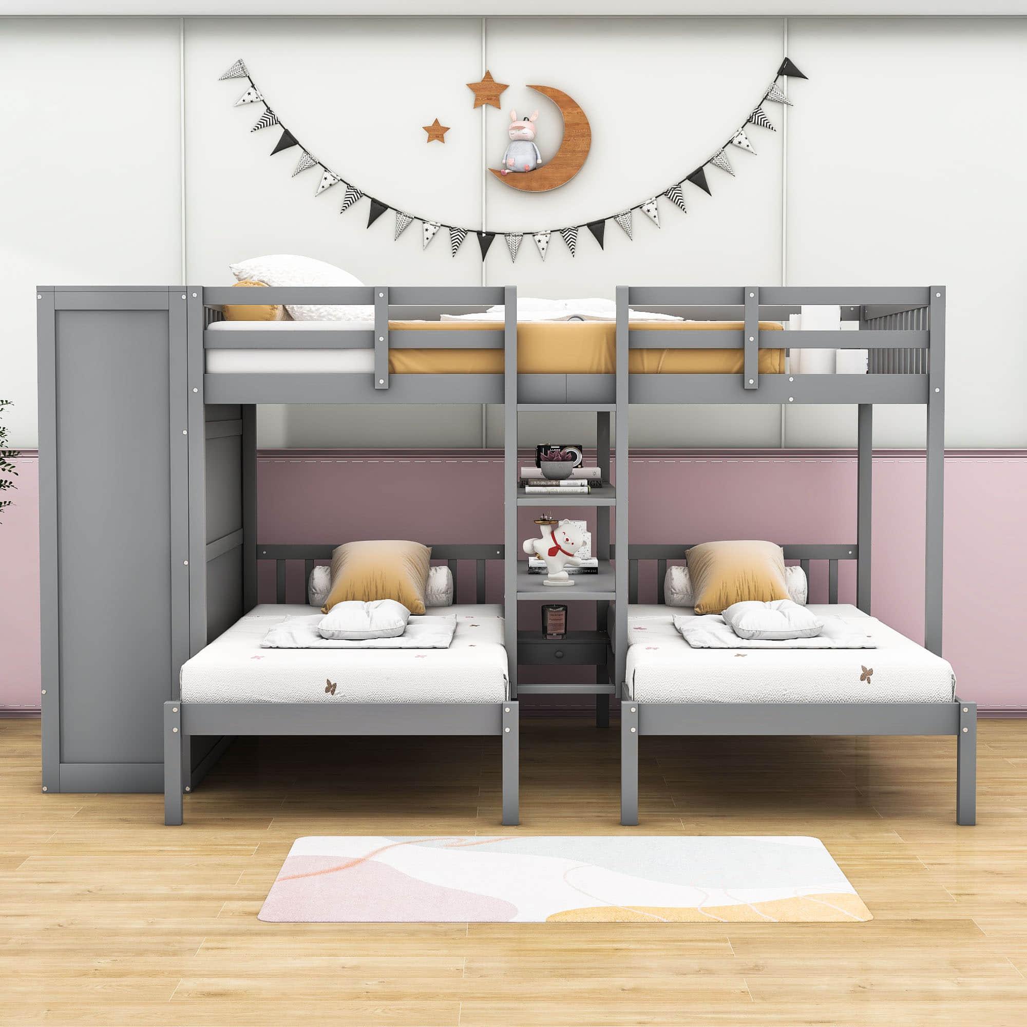 Low Full Over Twin&Twin Triple Bunk Bed with Storage for Kids - [Wardrobe]