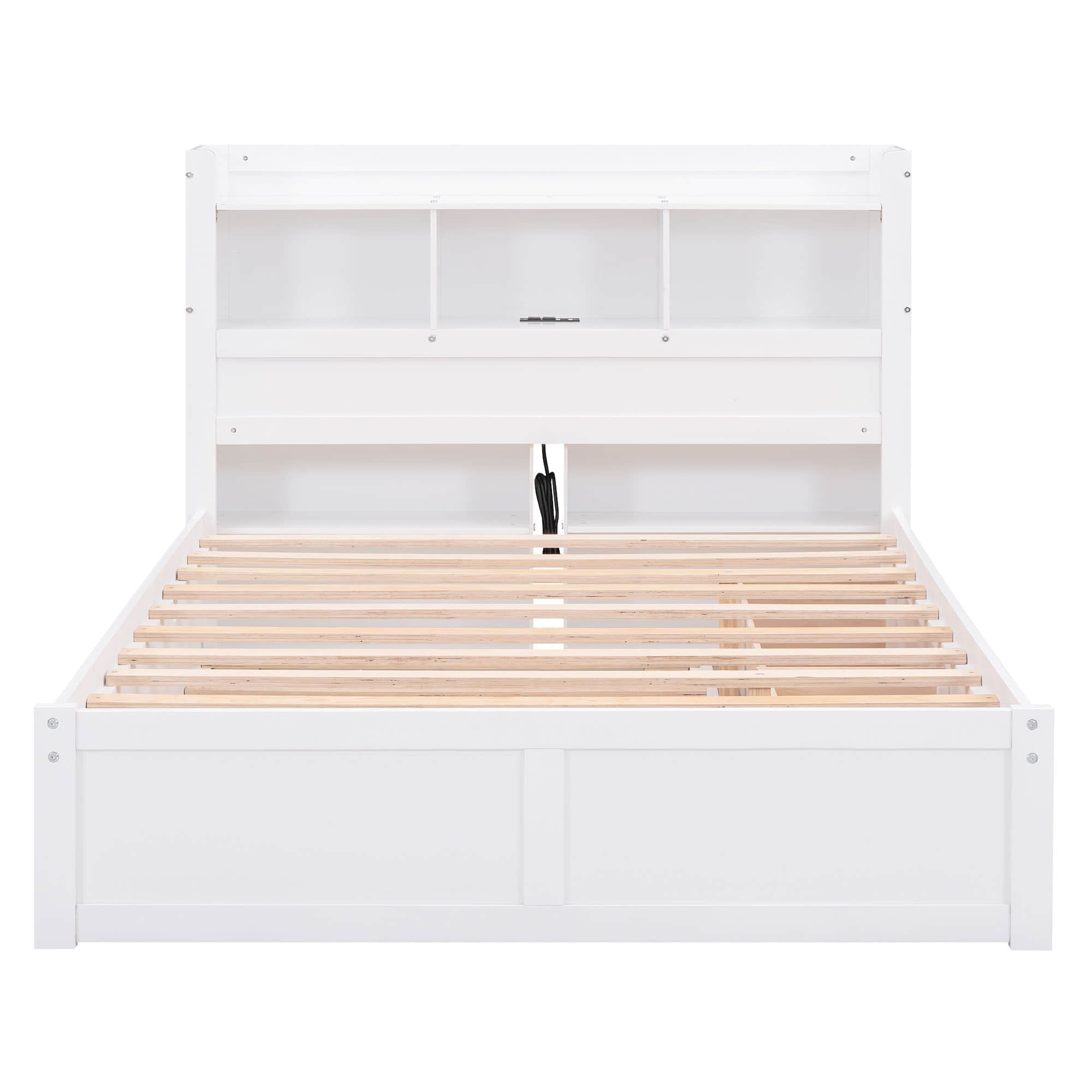 Full Platform Bed Frame with Twin Trundle Bed and Storage Headboard