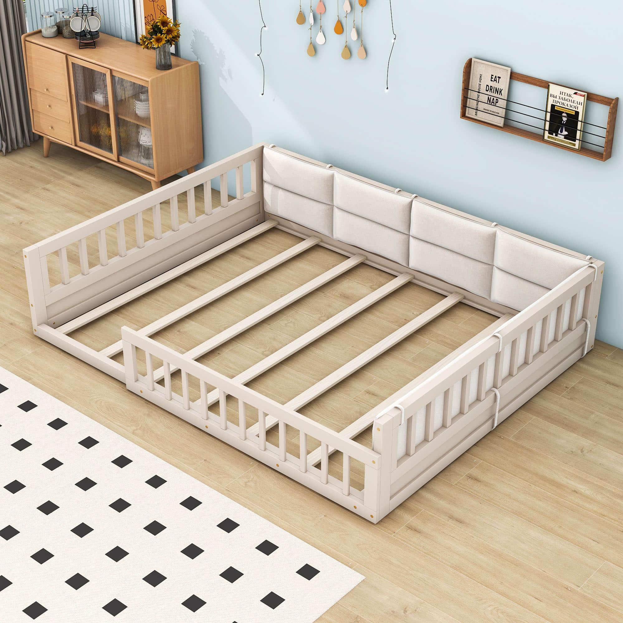 Wood & Upholstered Full Size Toddler Floor Bed with Rails and Pillow