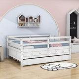 Solid Wood Low Full Size Kids Bed with Trundle and Storage - [Drawers, Rails]