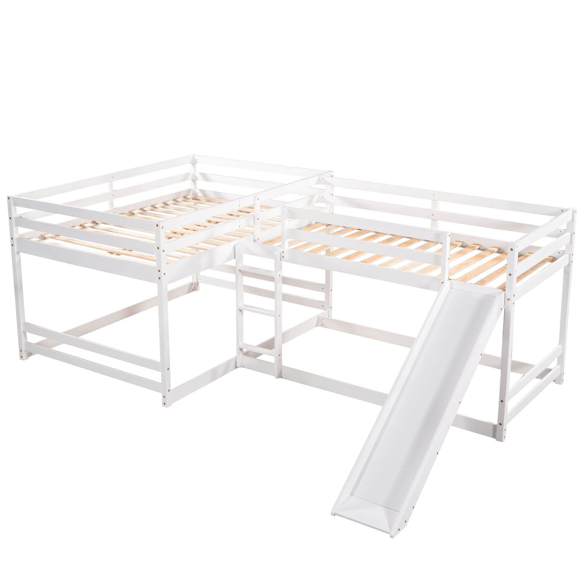 Corner Full and Twin Quad Bunk Beds with Slide - [Wooden, Convertible, L-Shaped]