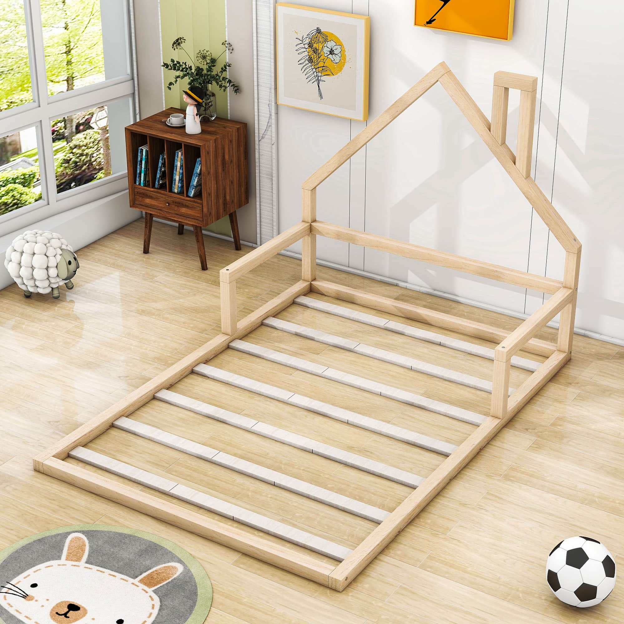 Full Size Toddler Floor Bed Frame with Rails and House-Shaped Headboard