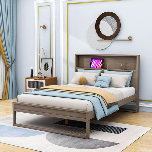 Rustic Farmhouse Full Size Smart Platform Bed with Storage Headboard - [Sockets, USB Ports]