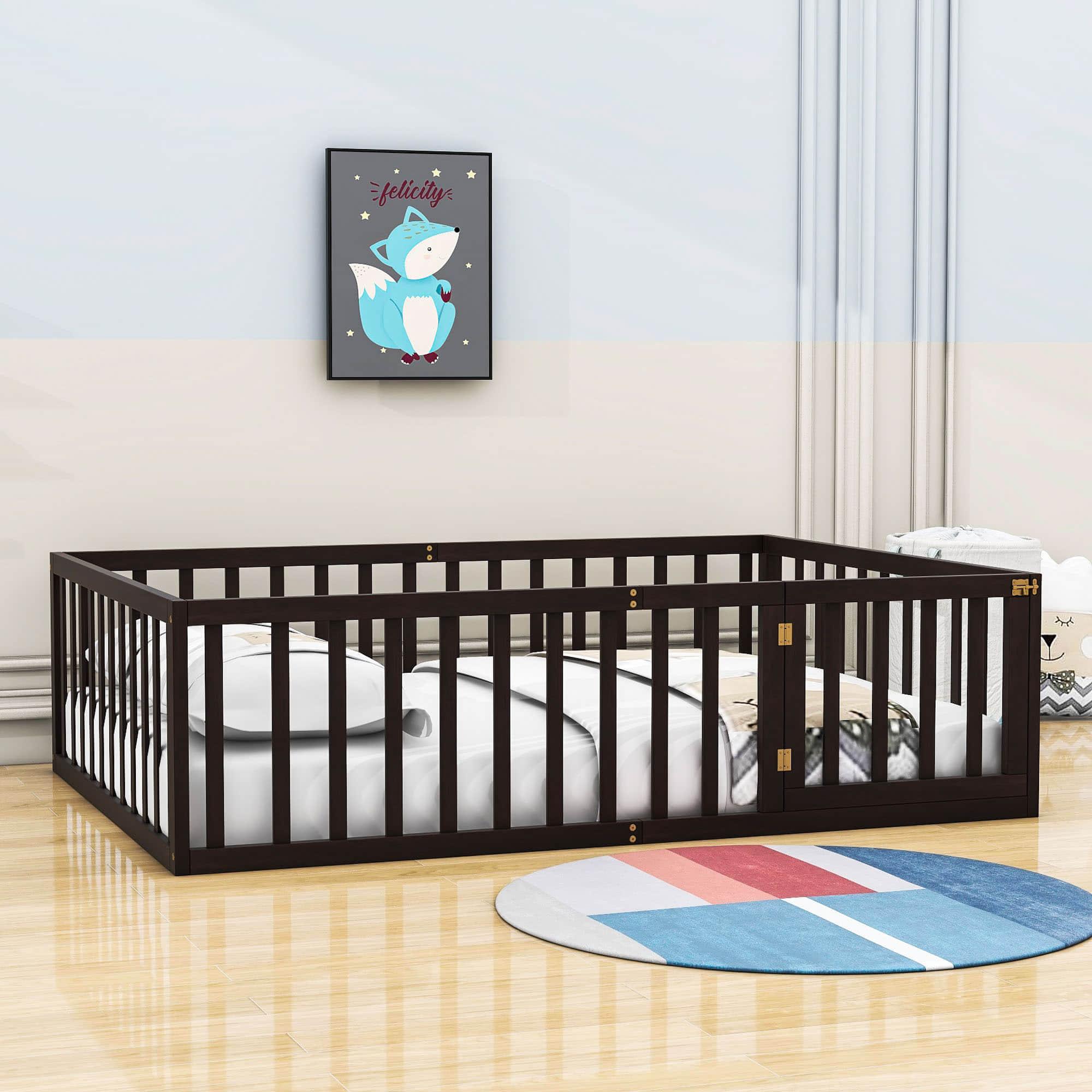 Wooden Full Size Floor Toddler Bed with Rails