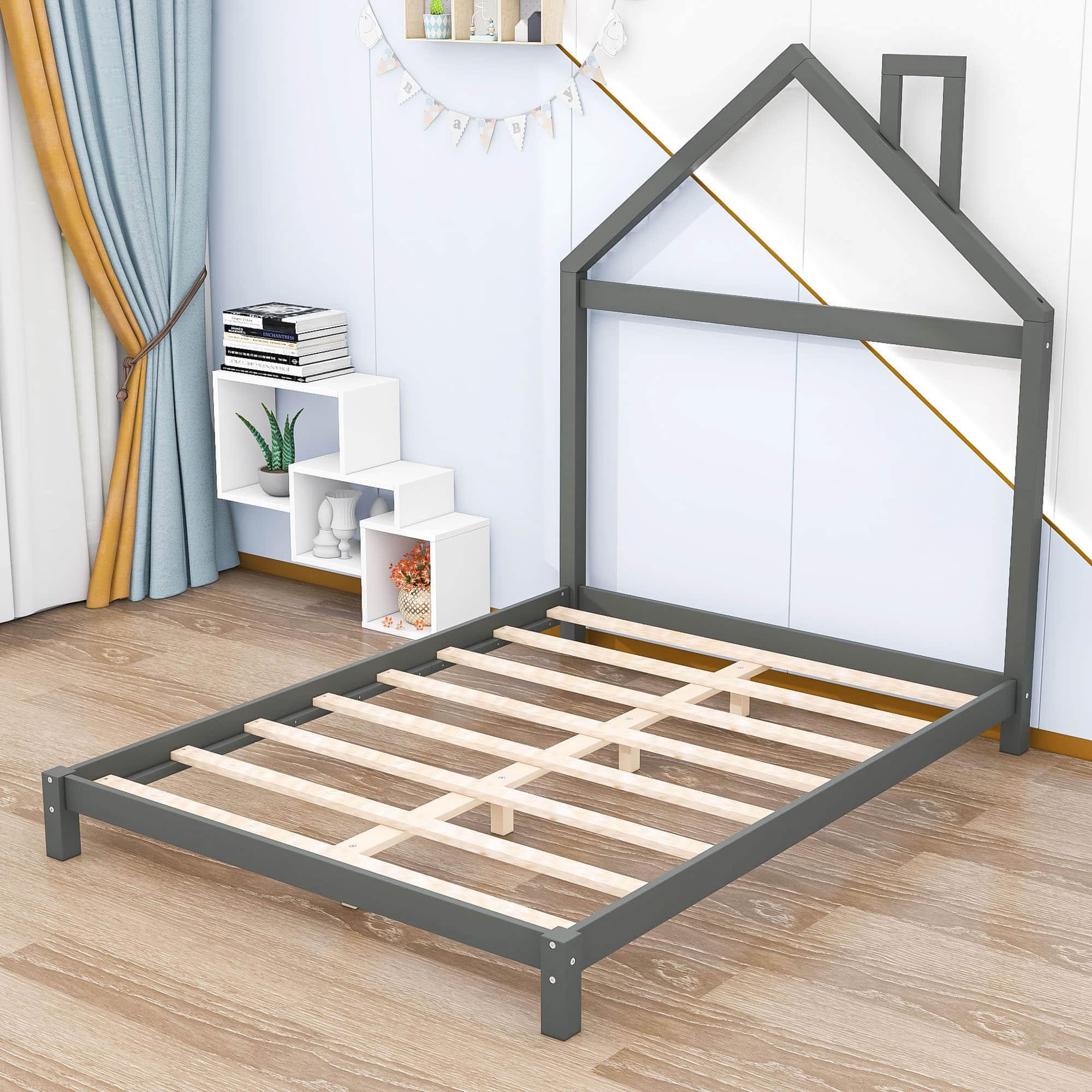 Low Full Size Wooden Toddler Bed with House-Shaped Headboard