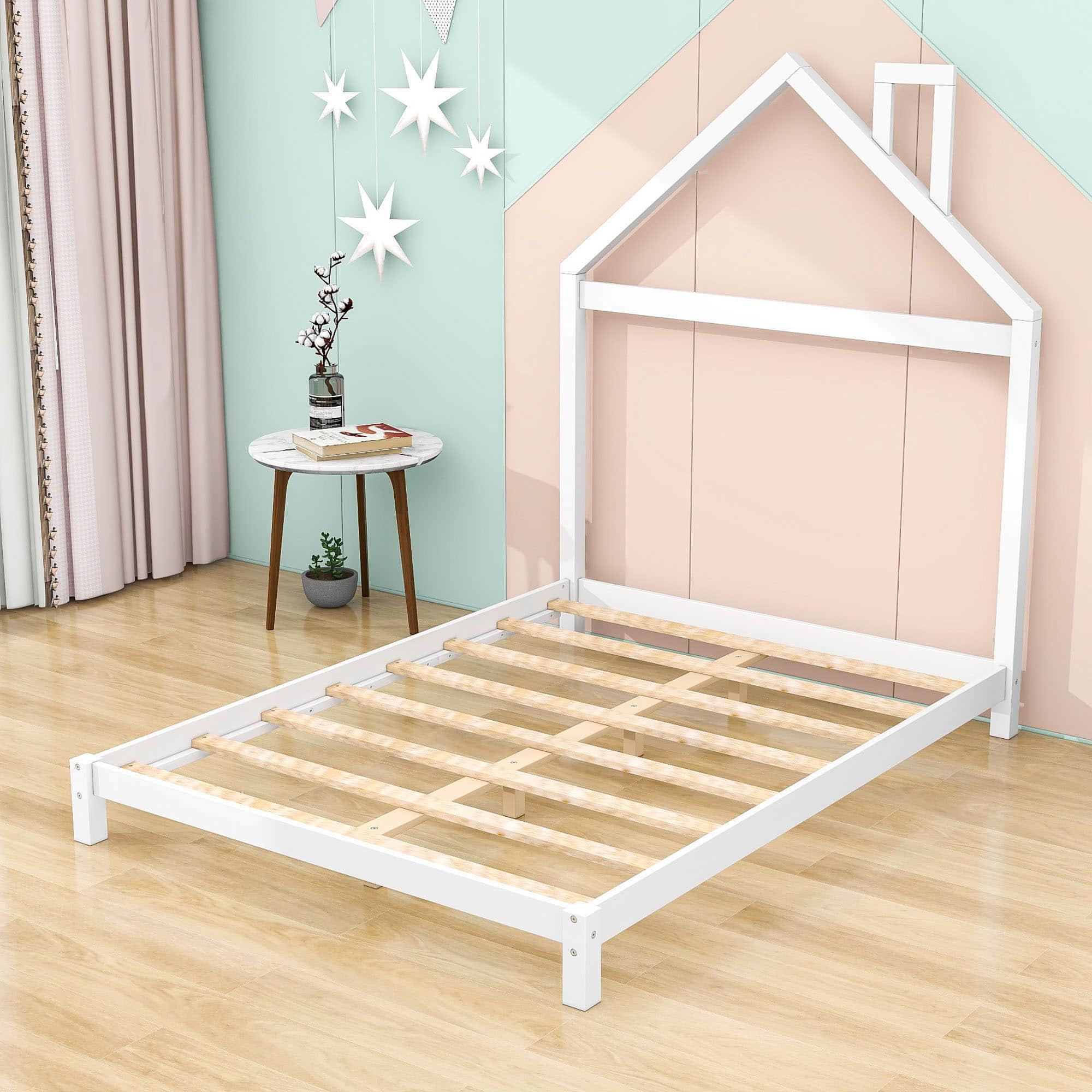 Low Full Size Wooden Toddler Bed with House-Shaped Headboard