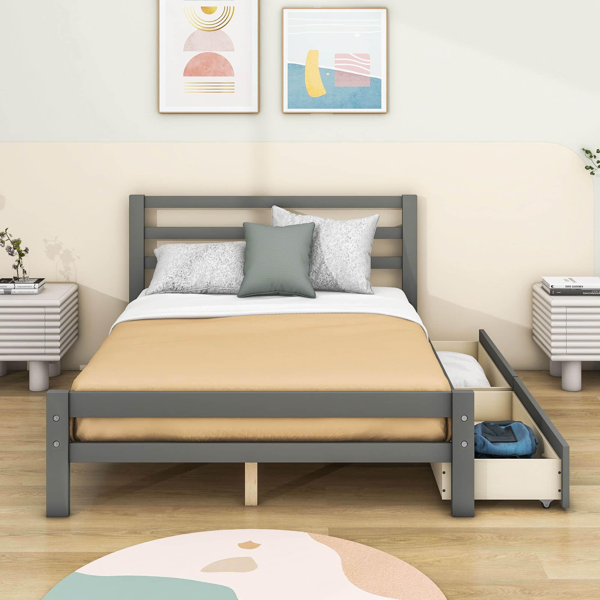 Full Size Wooden Platform Bed with Storage Drawers and Headboard