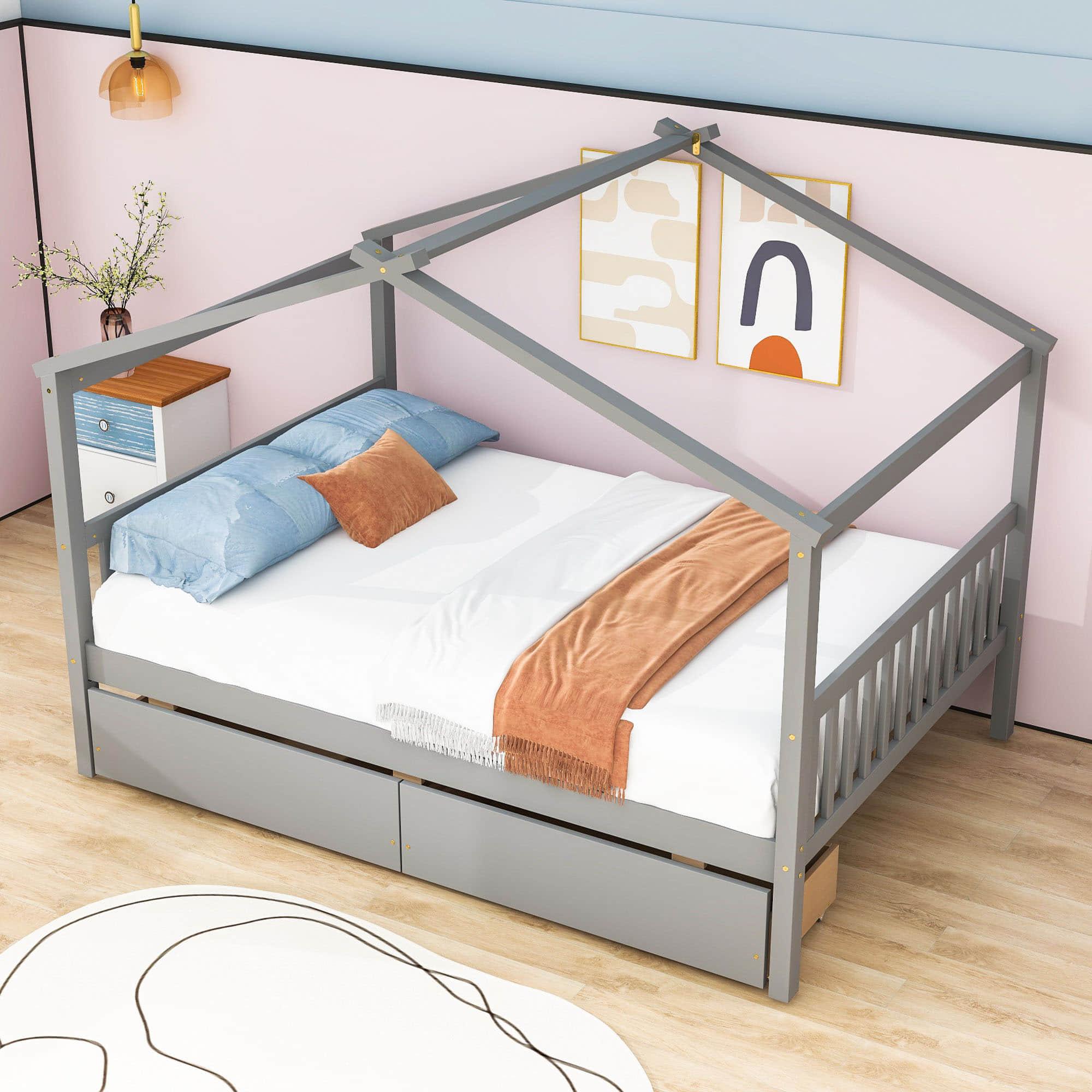 Wooden Full Size House Bed with Storage Drawers for Kids