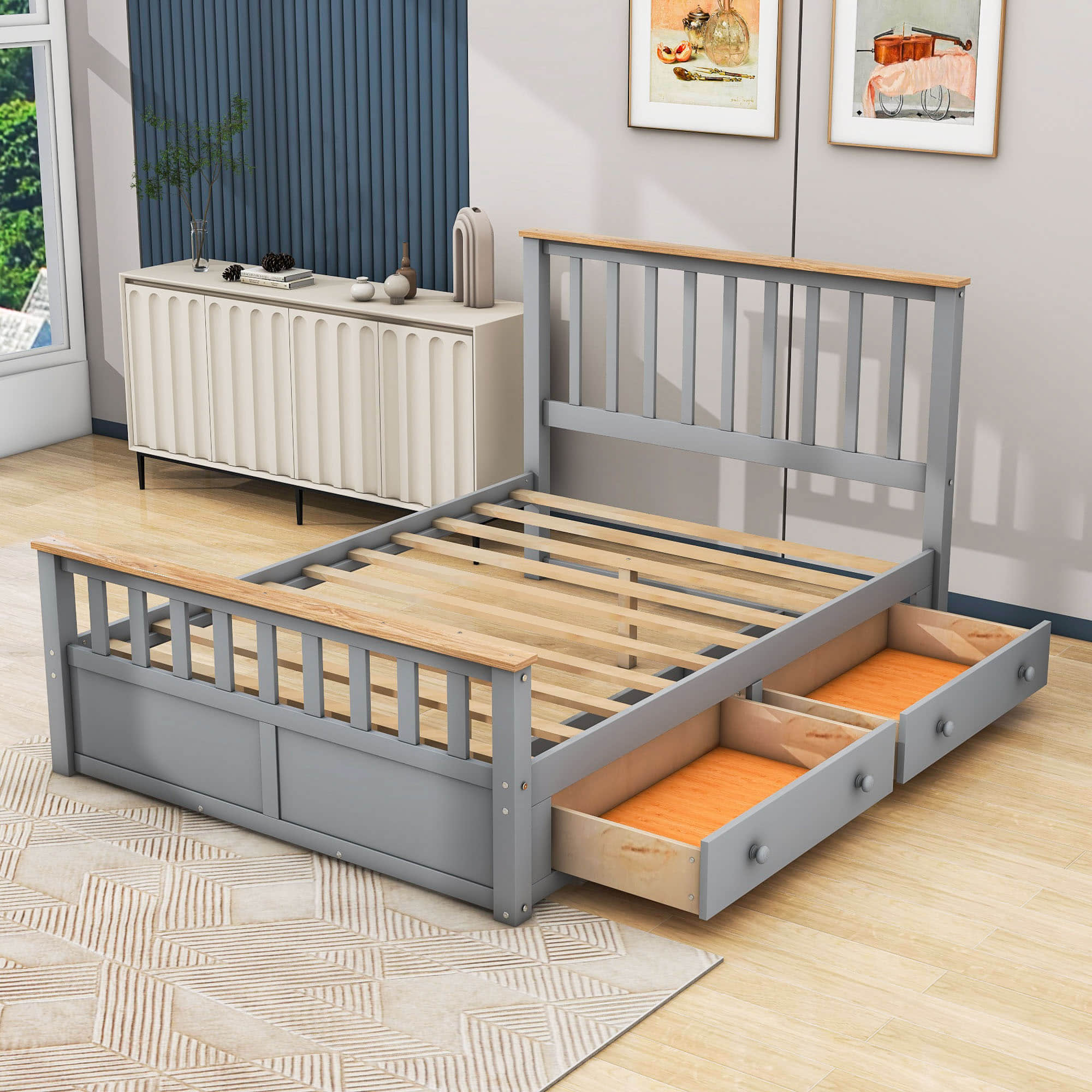 Wooden Full Size Platform Bed Frame with Storage and Slat Headboard