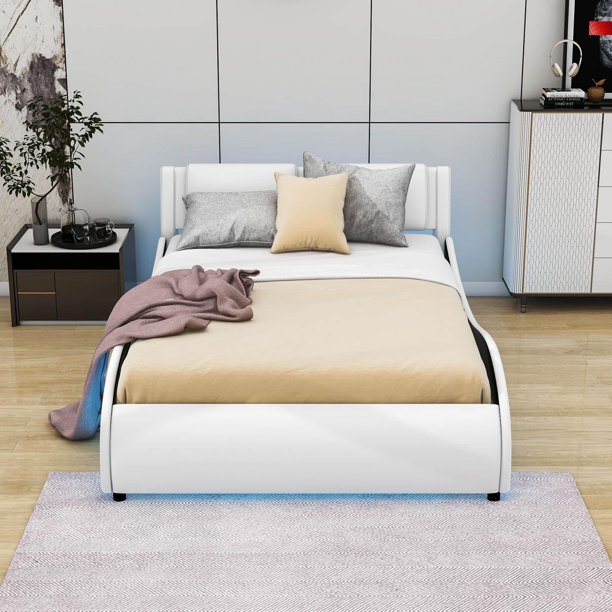 Modern Full Upholstered Platform Bed Frame with Headboard and Lights