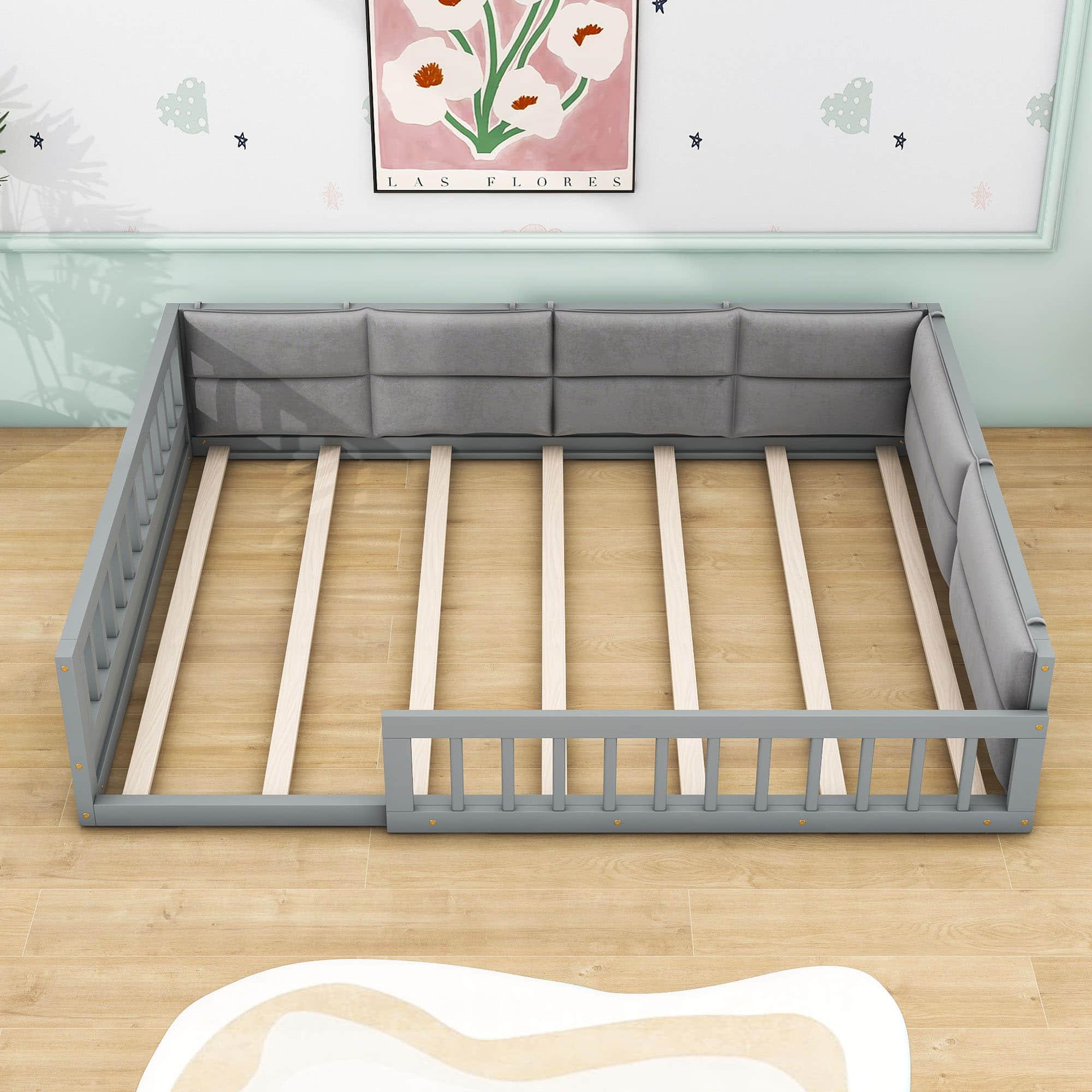 Wood & Upholstered Full Size Toddler Floor Bed with Rails and Pillow