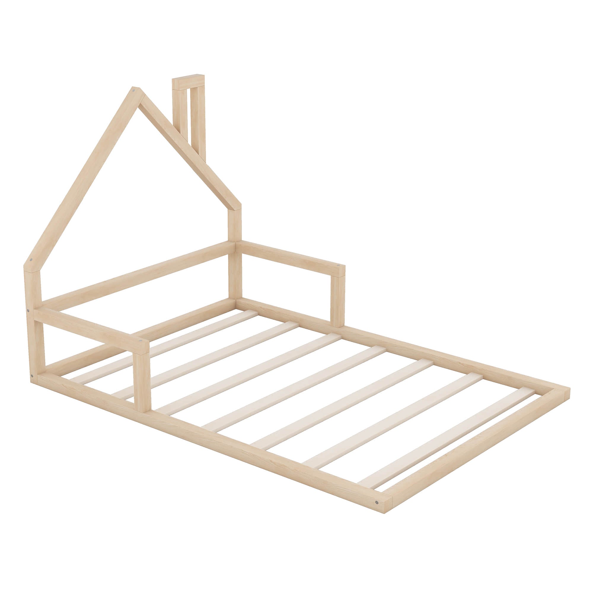 Full Size Toddler Floor Bed Frame with Rails and House-Shaped Headboard