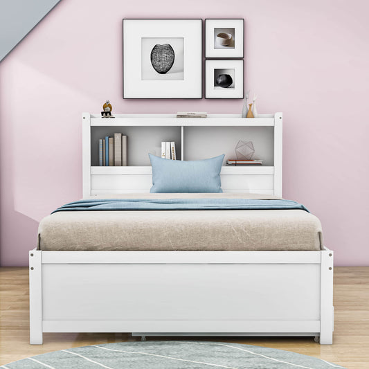 Full Platform Bed Frame with Twin Trundle and Storage Headboard, USB