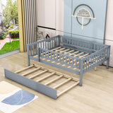 Wooden Full Size Low Kids Bed with Twin Size Trundle and Rails