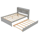 Wooden Full Size Platform Bed with Twin Trundle Bed and Storage Headboard - [Shelves]