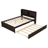 Wooden Full Size Platform Bed with Twin Trundle Bed and Storage Headboard - [Shelves]