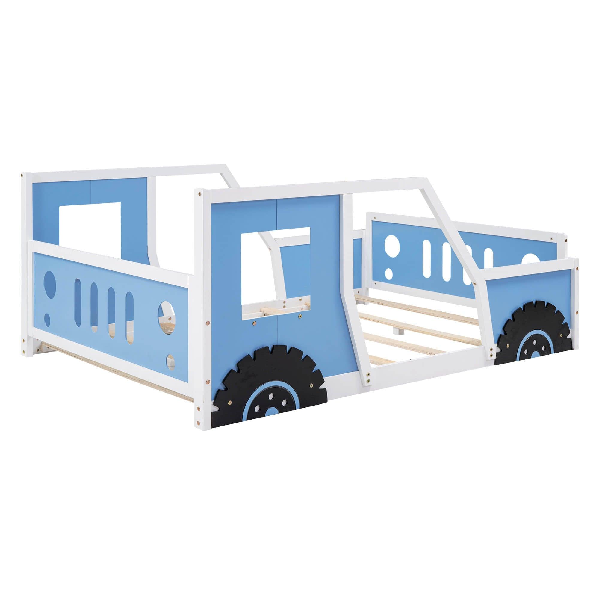 Wood Full Size Car-Shaped Floor Bed Frame with Rails for Boys