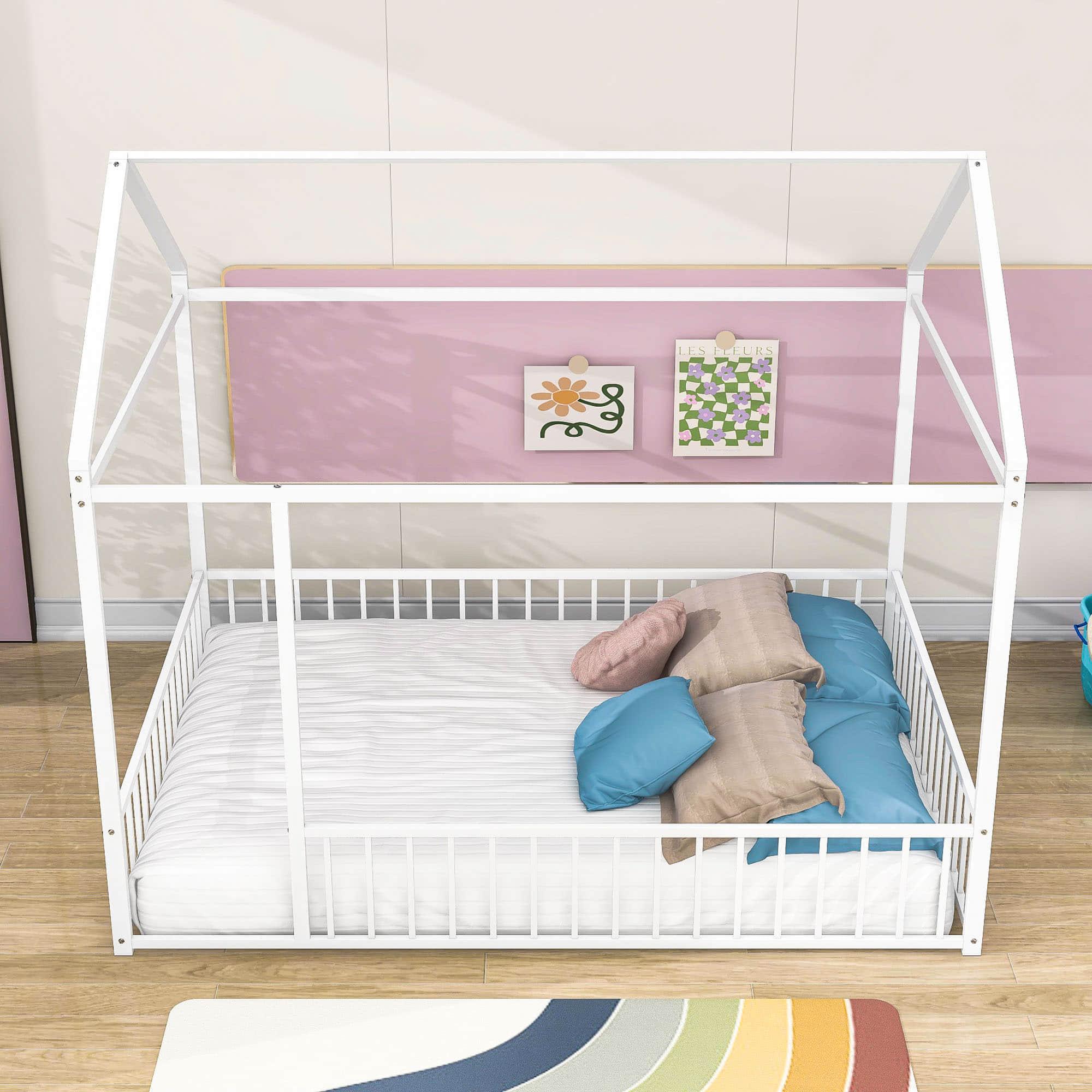 Full Size Metal House Toddler Floor Bed with Rails for Boys and Girls