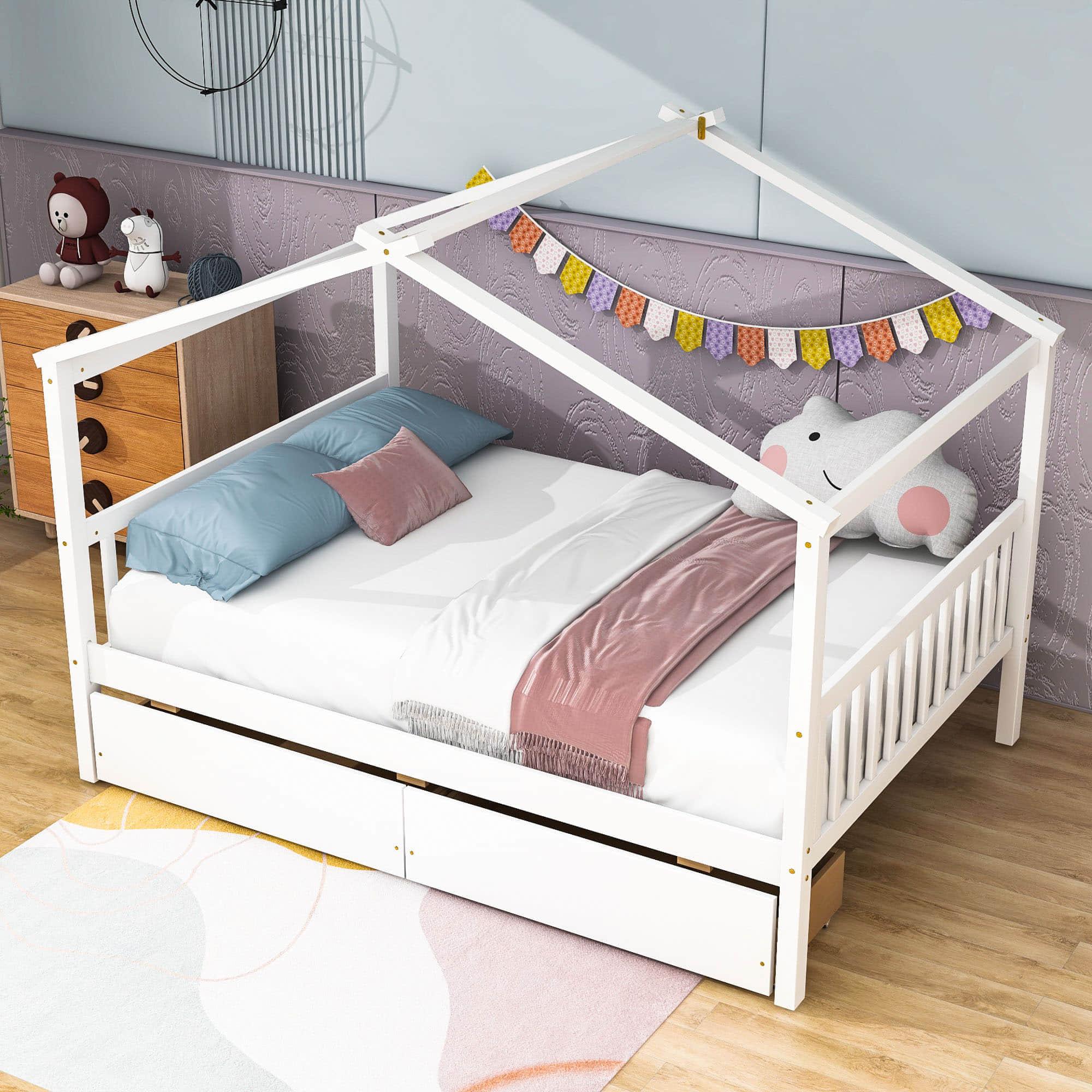 Wooden Full Size House Bed with Storage Drawers for Kids