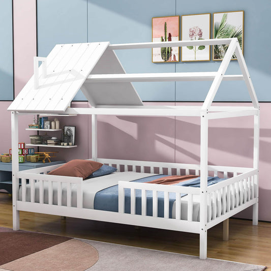 Full Wooden Kids Low Montessori Farmhouse Bed Frame with Rails