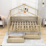 Full Size Wood House Toddler Bed Frame with Rails and Storage