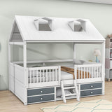 Low Full Size Loft House Bed with Storage for Kids, Toddler - [Wooden]