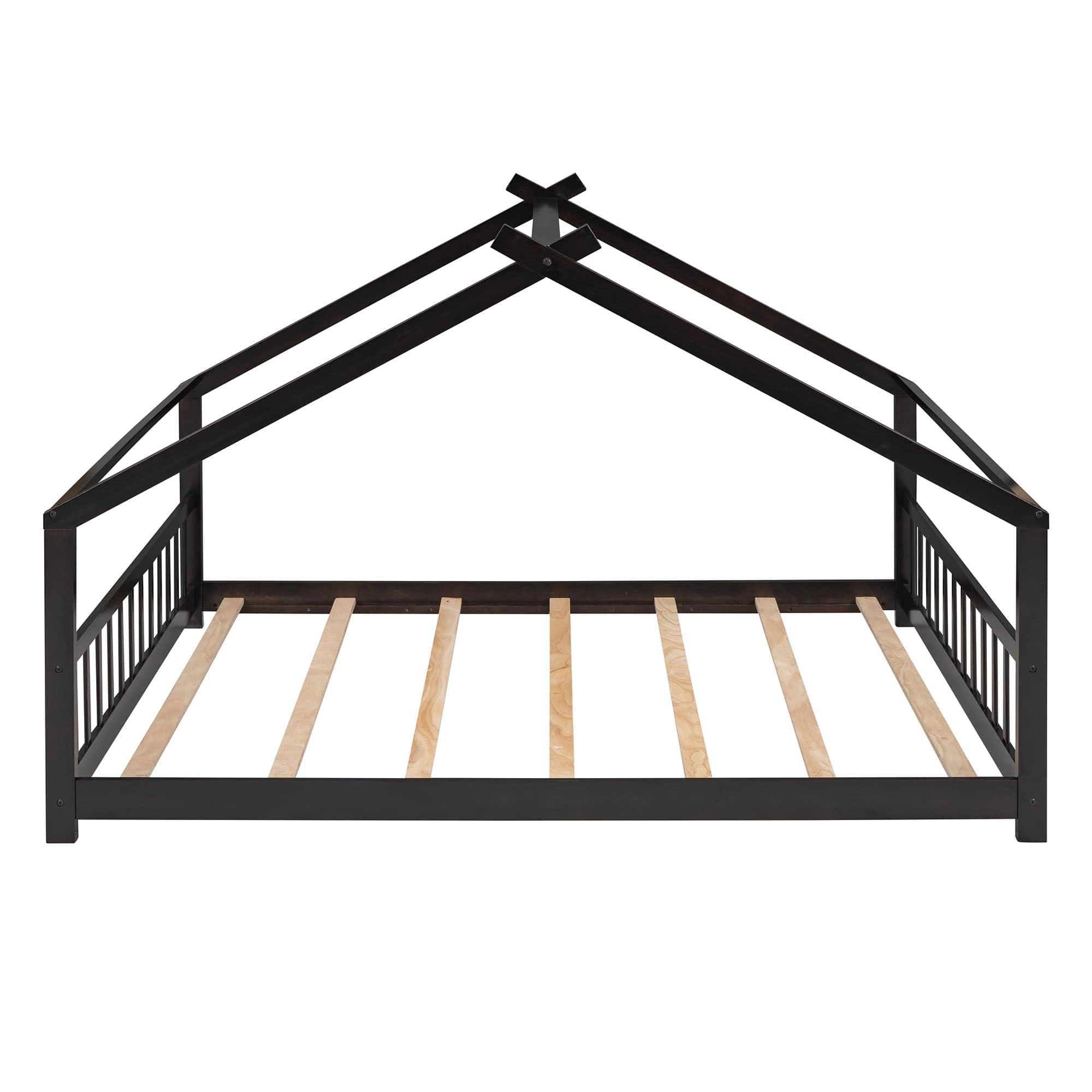 Wooden Full Size Low House Bed Frame for Toddler, Kids