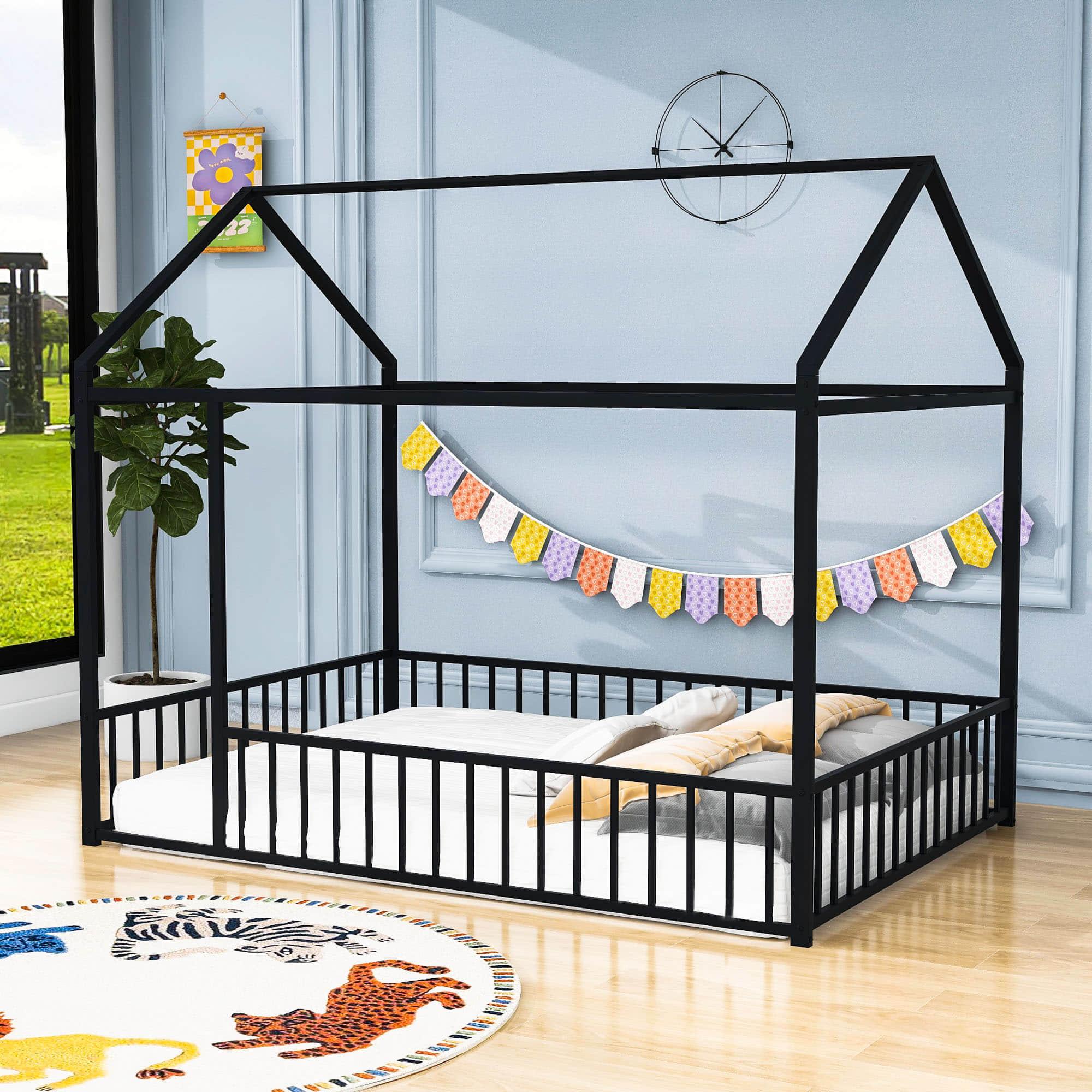 Full Size Metal House Toddler Floor Bed with Rails for Boys and Girls