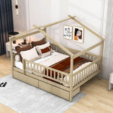 Full Size Wood House Toddler Bed Frame with Rails and Storage