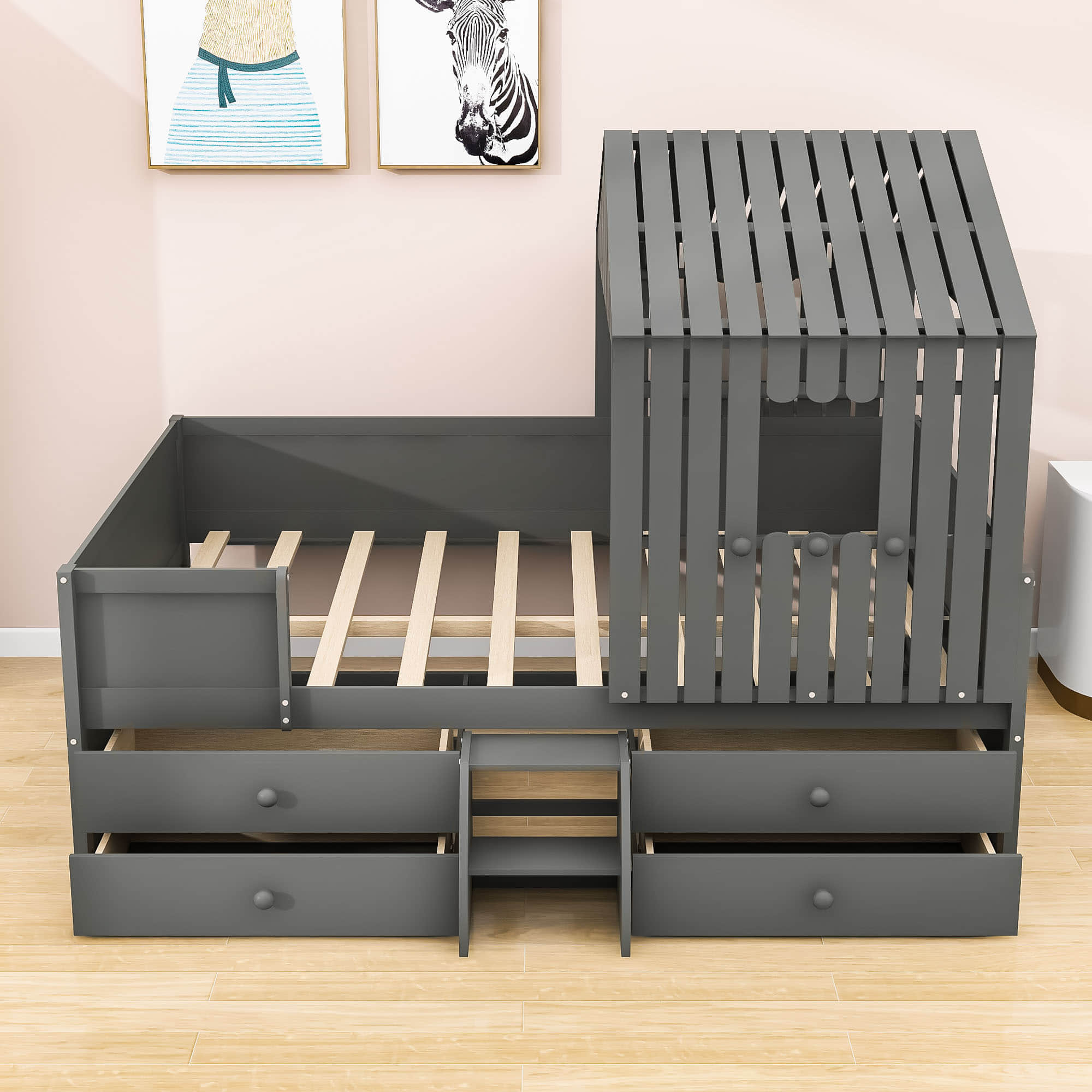 Full Size Low House Toddler Loft Bed with Stairs and Storage - [2 Steps]