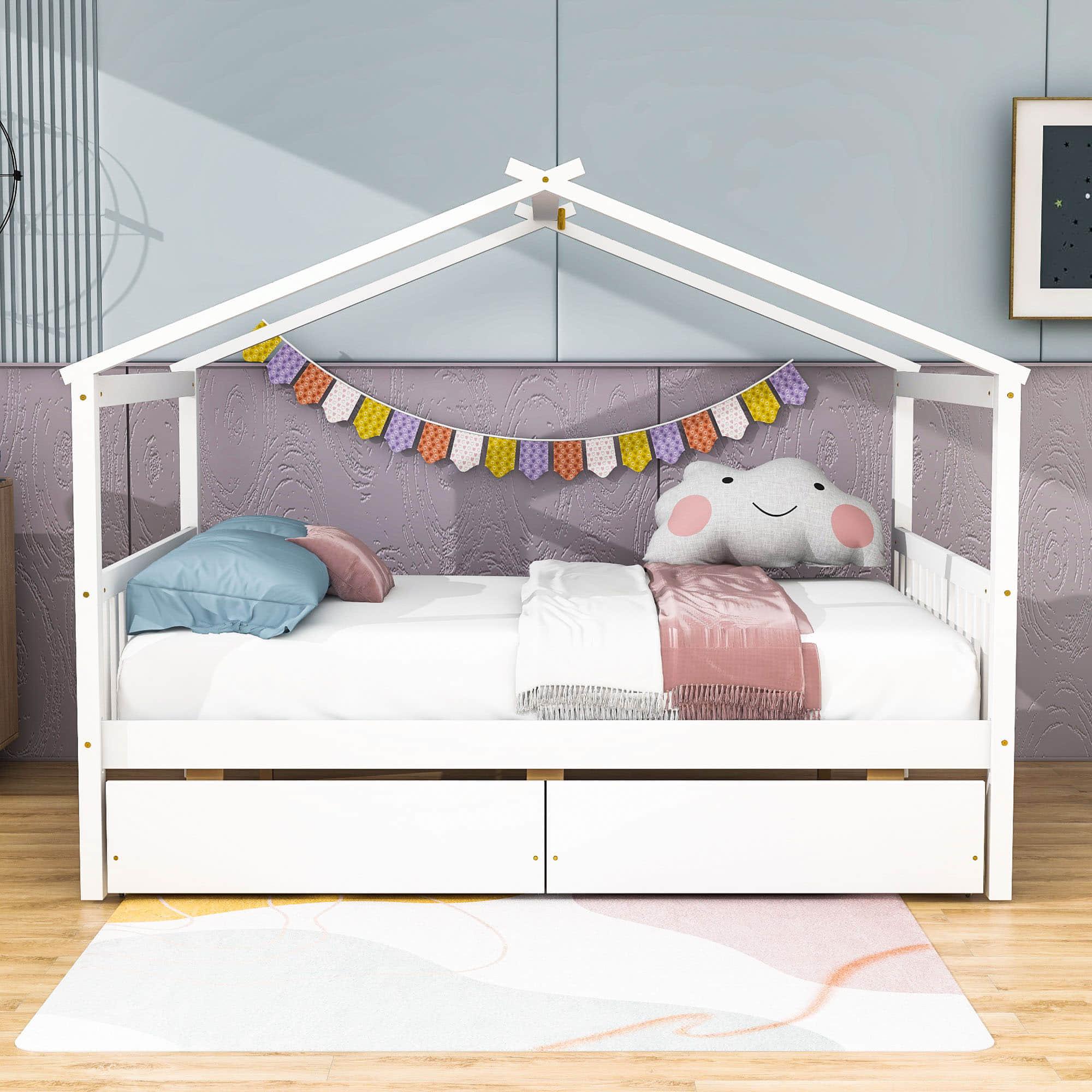 Wooden Full Size House Bed with Storage Drawers for Kids