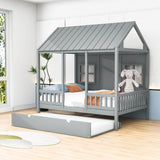 Wooden Full Size Kids House Bed with Twin Trundle Bed and Rails