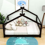 Wooden Full Size Low House Bed Frame for Toddler, Kids