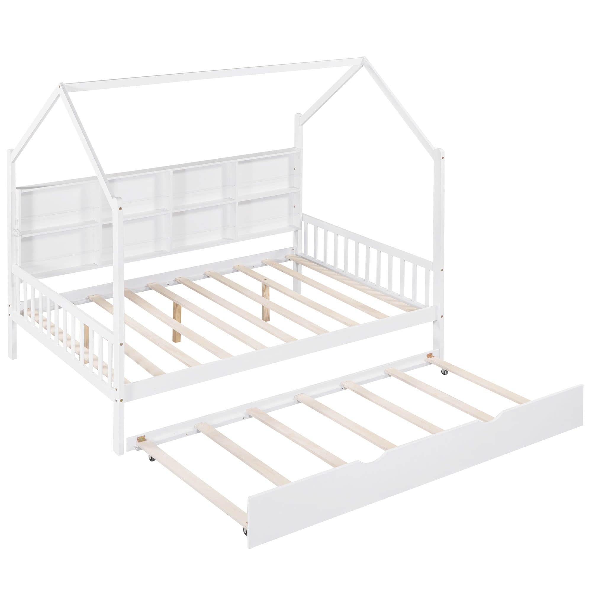 Wooden Kids House Full Size Bed with Trundle, Storage and Headboard - [Shelves]