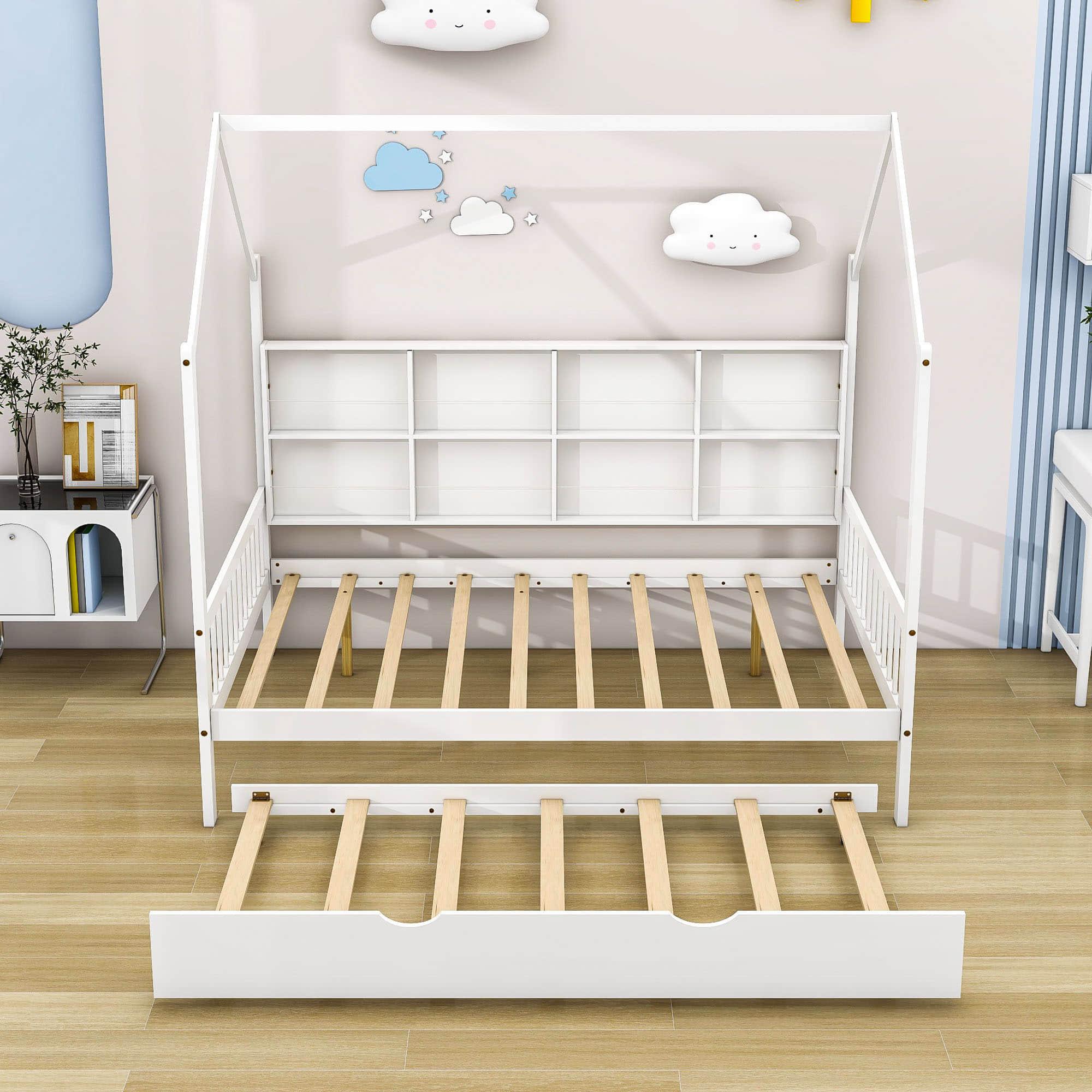 Wooden Kids House Full Size Bed with Trundle, Storage and Headboard - [Shelves]