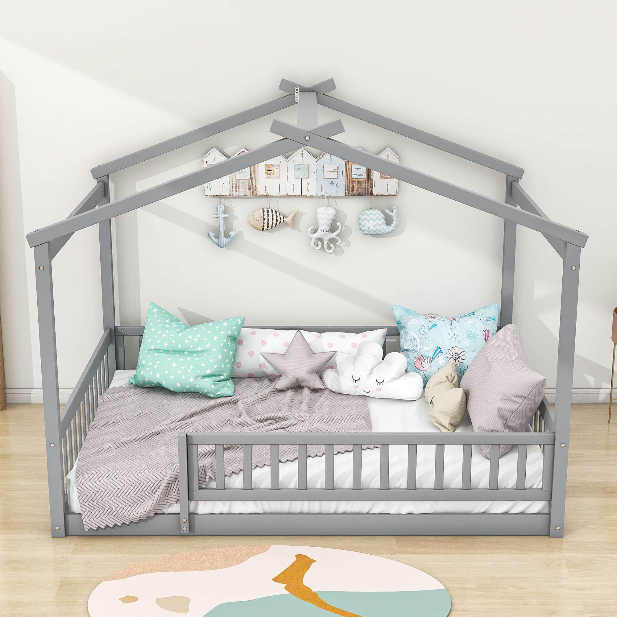 Full Size Wood House Kids Toddler Floor Bed with Rails