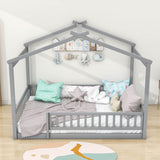 Full Size Wood House Kids Toddler Floor Bed with Rails