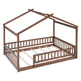 Full Size Wood House Kids Toddler Floor Bed with Rails