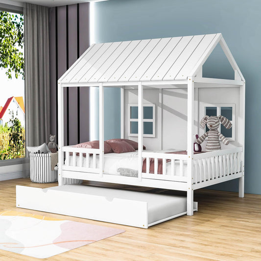 Wooden Full Size Kids House Bed with Twin Trundle Bed and Rails