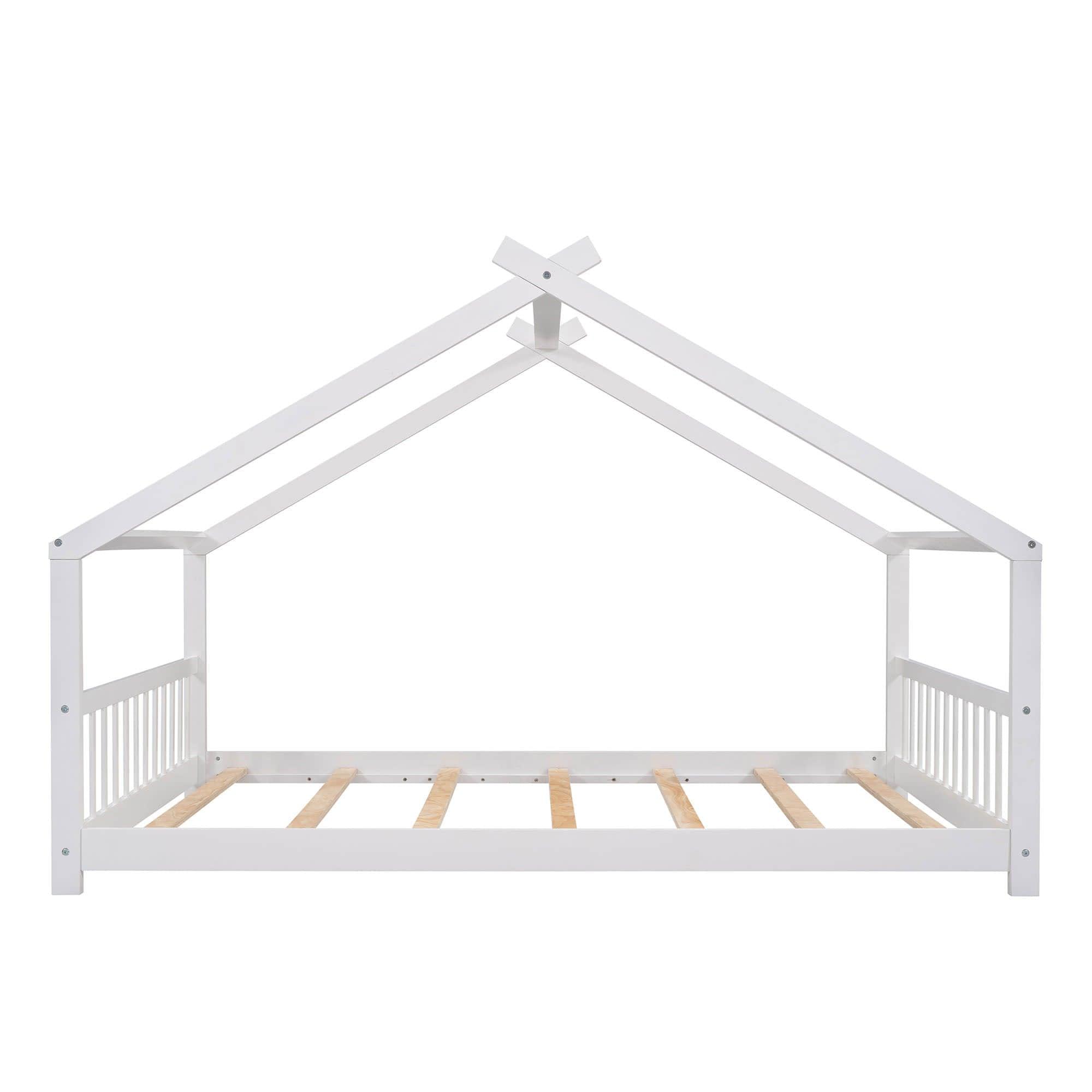 Wooden Full Size Low House Bed Frame for Toddler, Kids