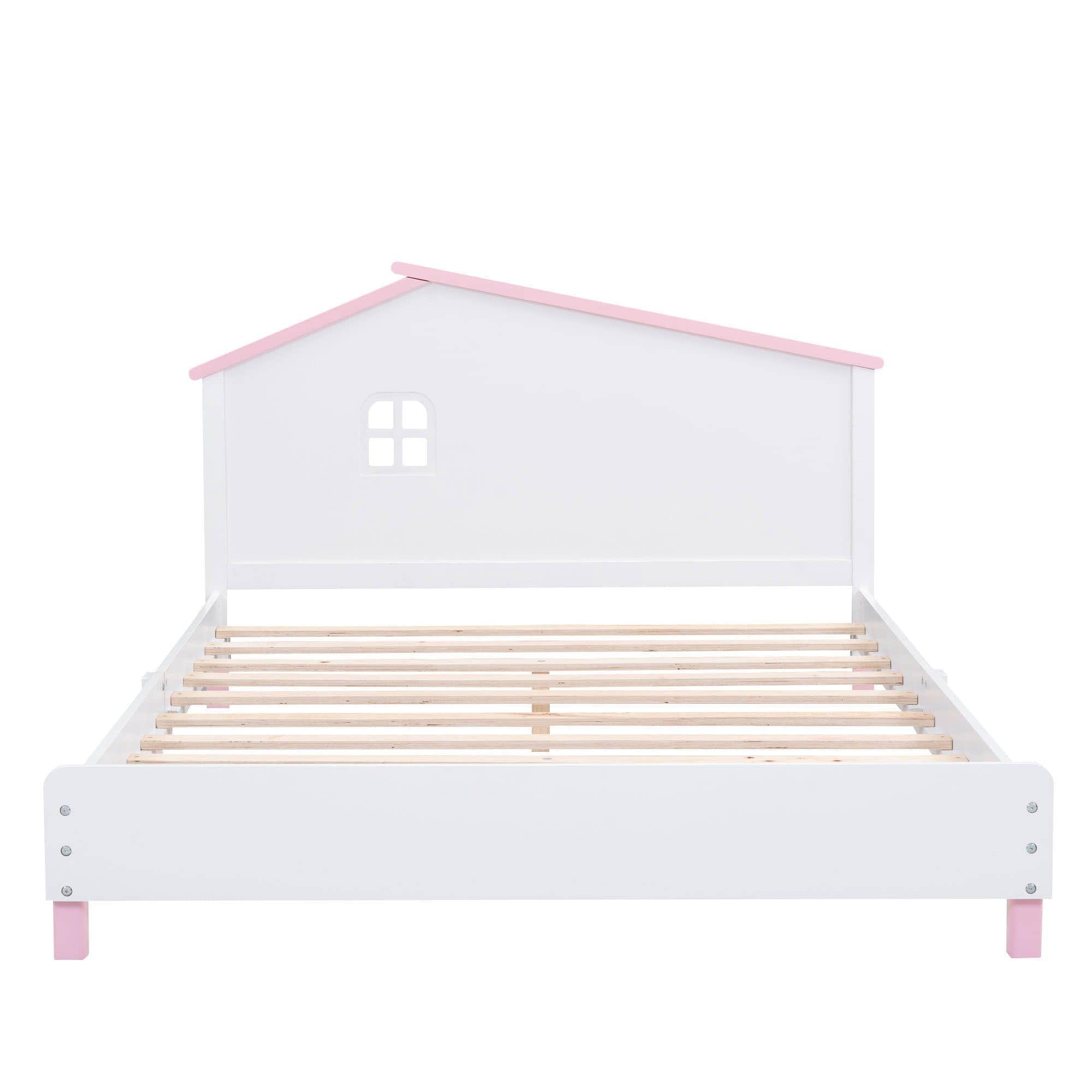 Full Size Wood Platform Bed with House-Shaped Headboard for Girls