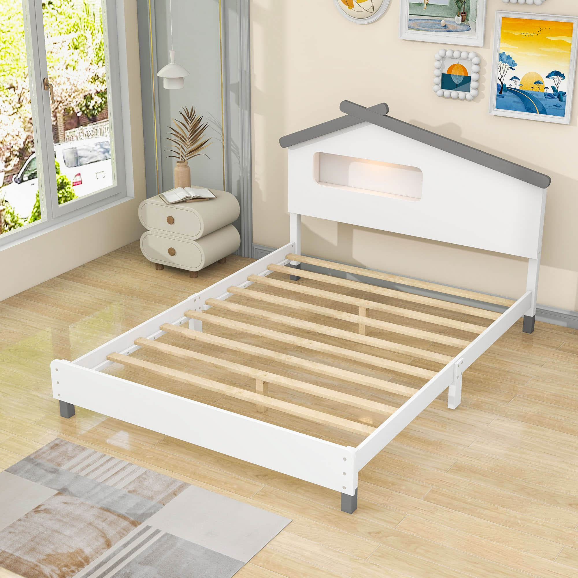 Kids Full Wood Platform Bed with House-Shaped Headboard and LED Lights