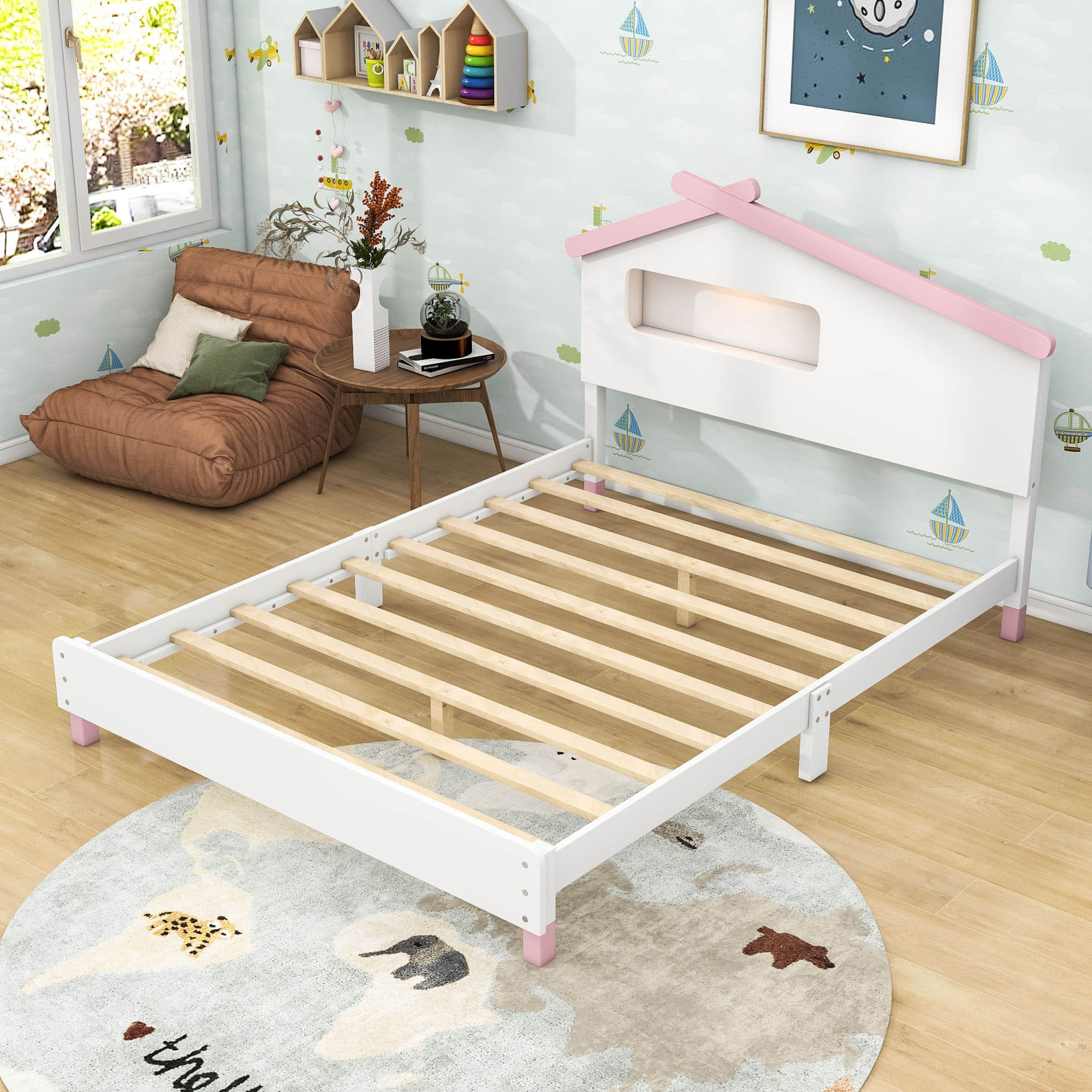 Kids Full Wood Platform Bed with House-Shaped Headboard and LED Lights