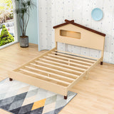 Kids Full Wood Platform Bed with House-Shaped Headboard and LED Lights