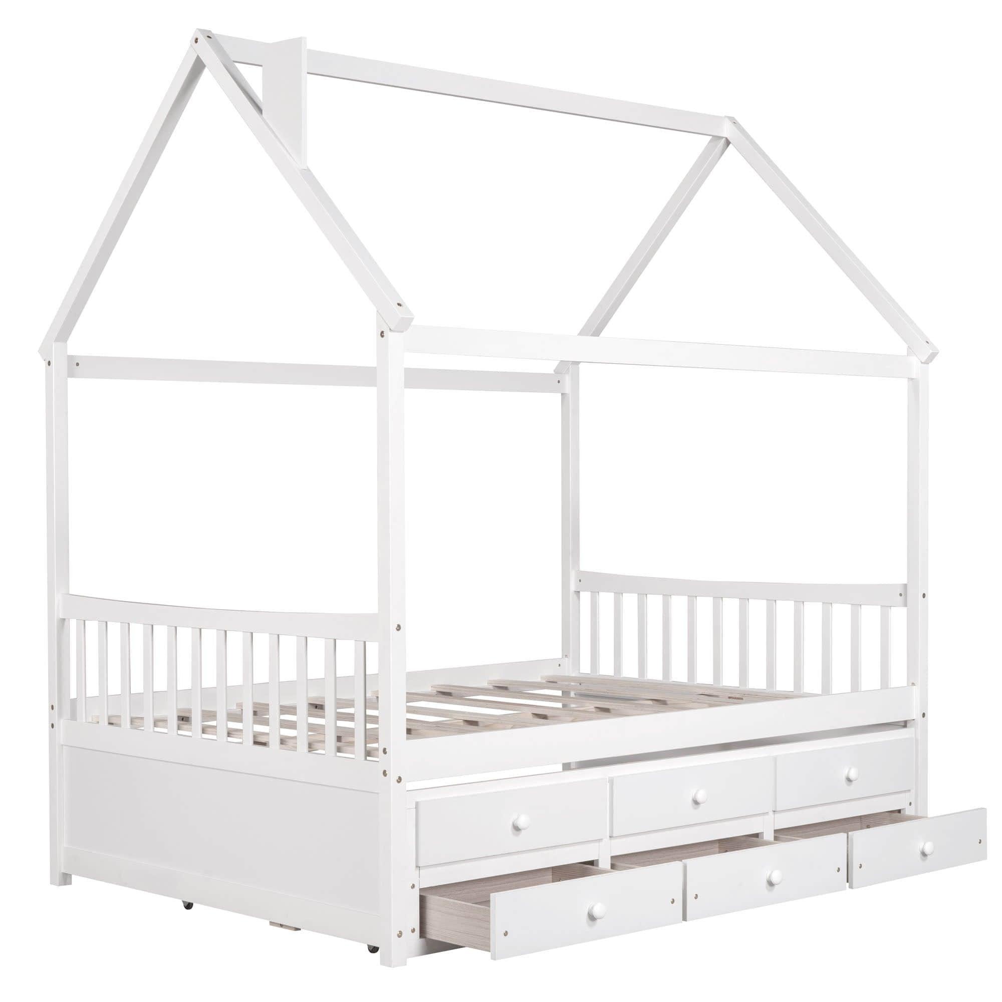 Full Size Kids Wooden House Bed Frame with Trundle and Storage