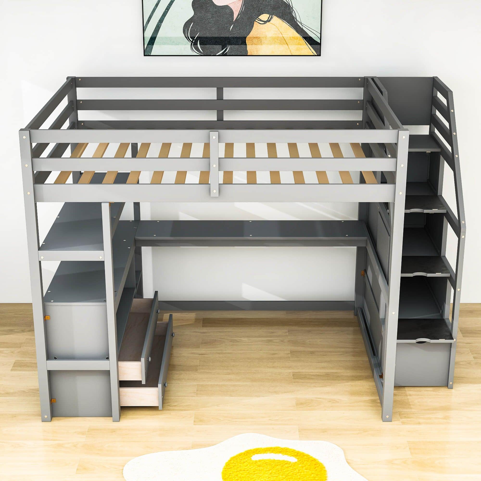 Full Loft Bed with Desk and Stairs, Storage for Kids, Adults - [Wooden]