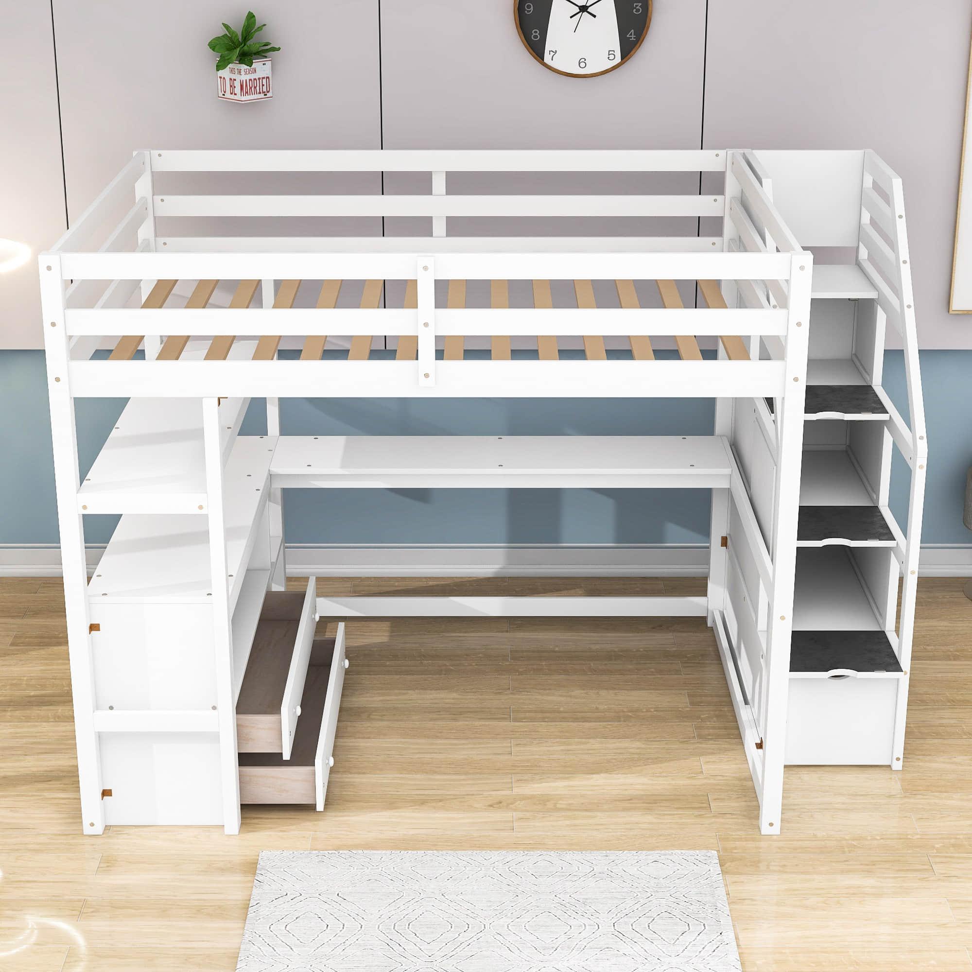 Full Loft Bed with Desk and Stairs, Storage for Kids, Adults - [Wooden]