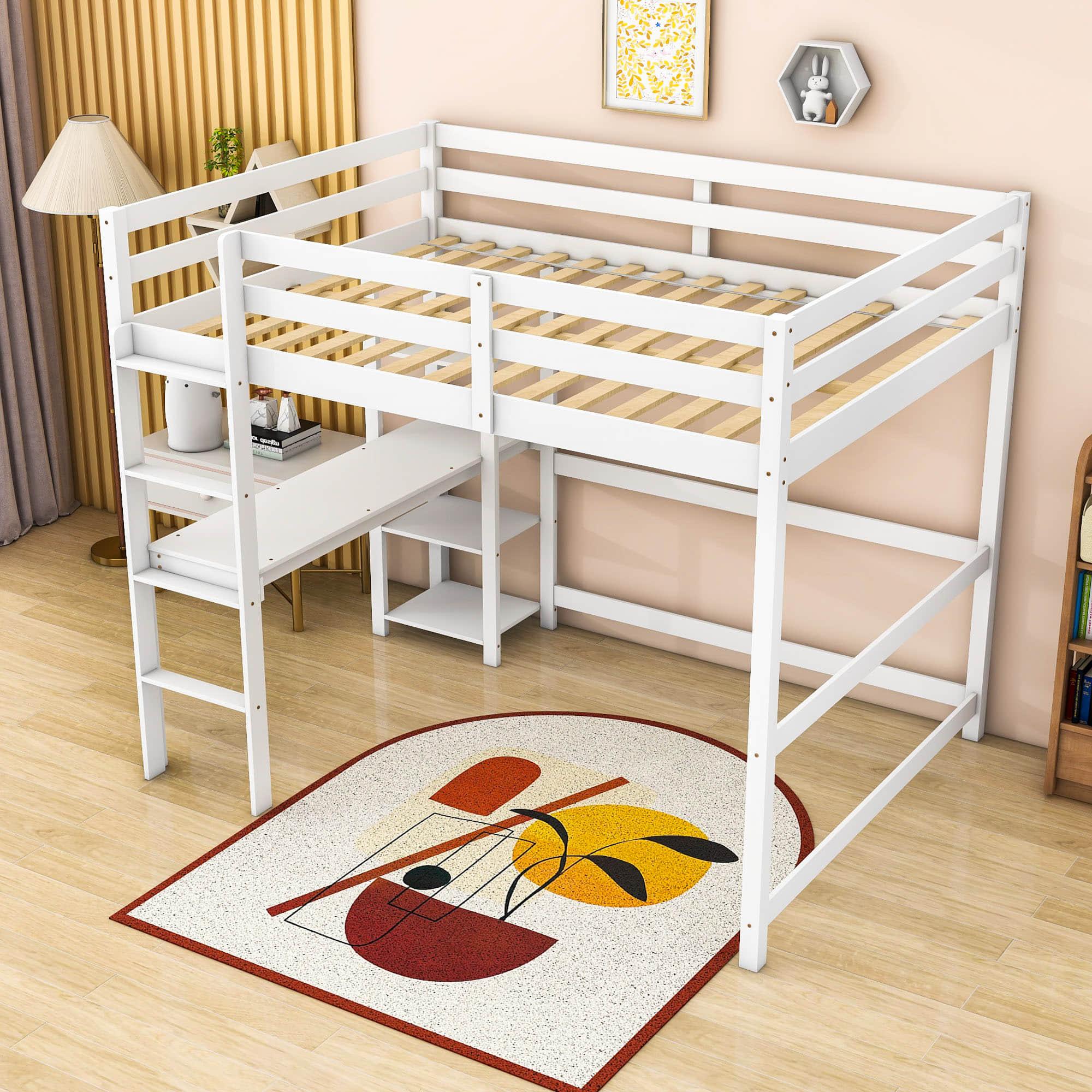 Wood Full Size Loft Bed with Desk and Storage Shelves for Kids, Teens