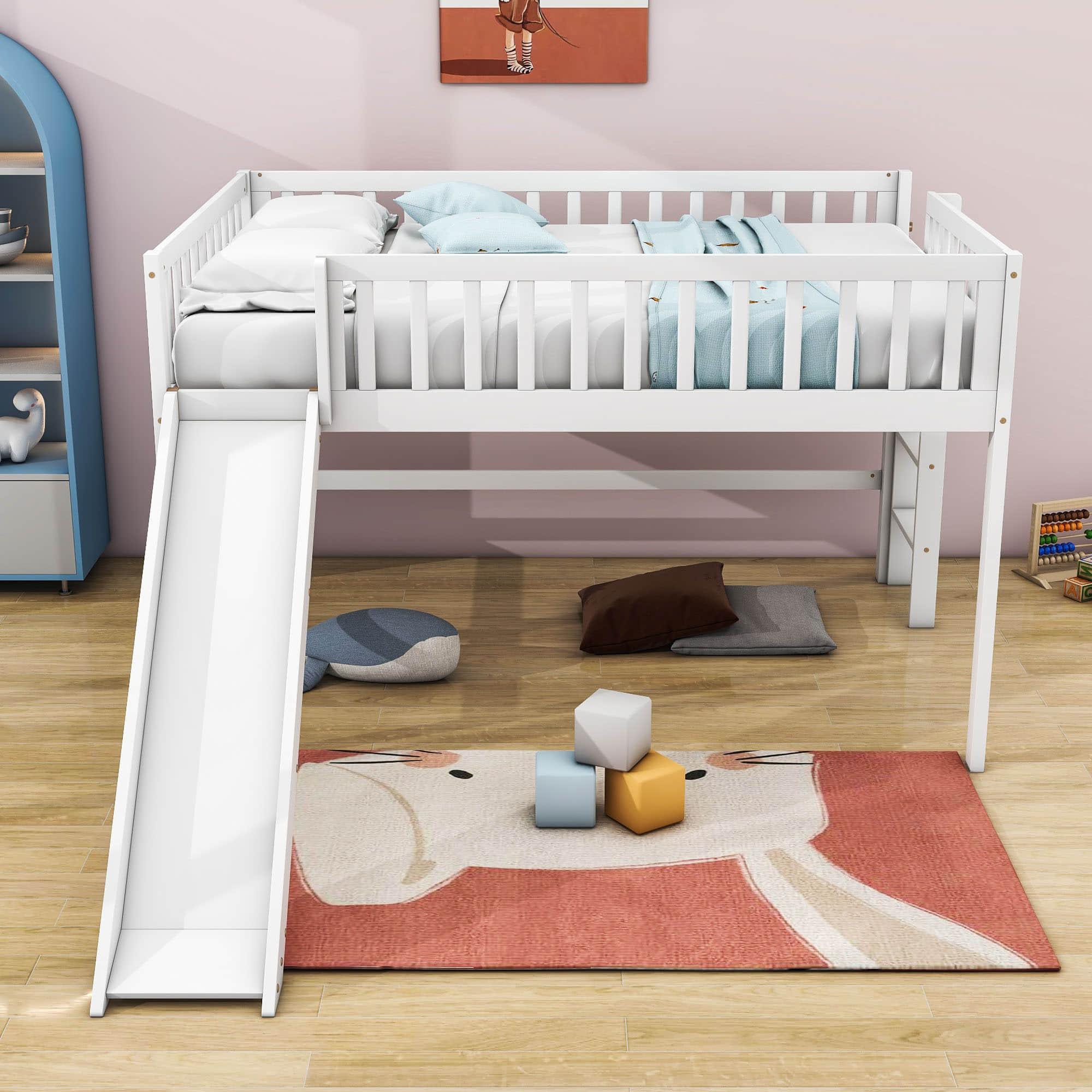 Full Size Low Loft Bed with Slide for Kids Toddler - [Wooden, Fun]