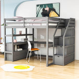 Full Loft Bed with Desk and Stairs, Storage for Kids, Adults - [Wooden]